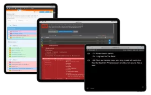 Composite view of the Dramatify Shelf for content planning, the entertainment rundown and cue cards used to manage content, timing and scripts during live entertainment production.