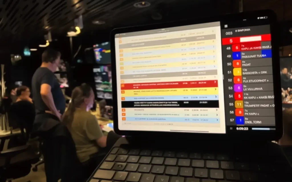 An example of Dramatify's live entertainment rundowns and CuePilot's shot list vision mixer in a live broadcast side-by-side, as during a Eurovision Qualifier Production..