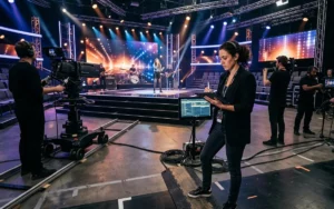 Producer reviewing entertainment rundown templates in Dramatify on set during live show rehearsal