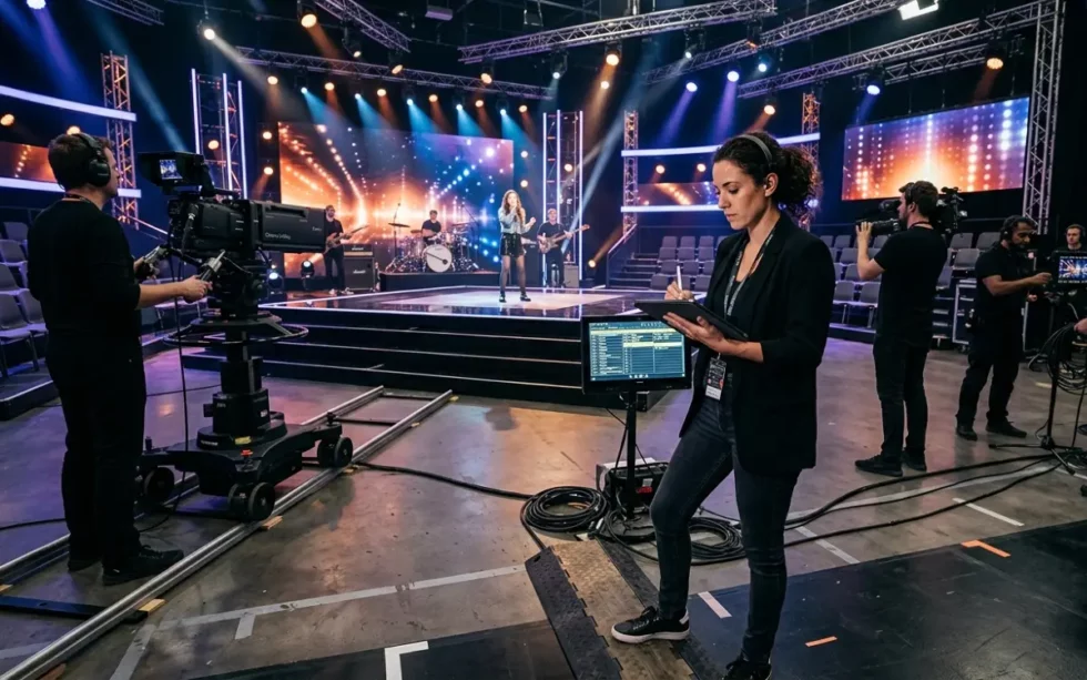 Producer reviewing entertainment rundown templates in Dramatify on set during live show rehearsal