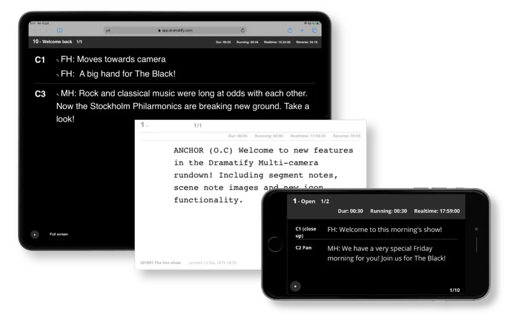 Entertainment rundown templates generating automatic cue cards for digital displays and printed studio cue cards
