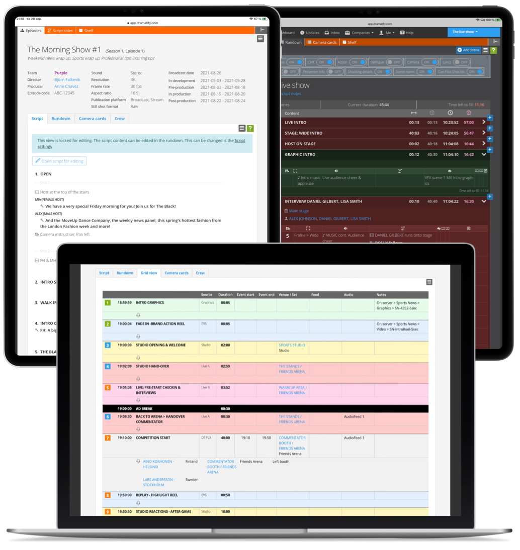 Talk show production software with three rundown views for a seamless current affairs production workflow from editorial planning to live studio execution