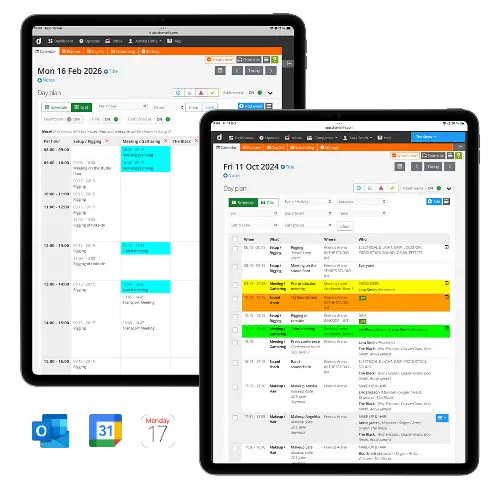 Daily production scheduling in talk show production software with list and grid views supporting guest coordination and a structured current affairs production workflow.