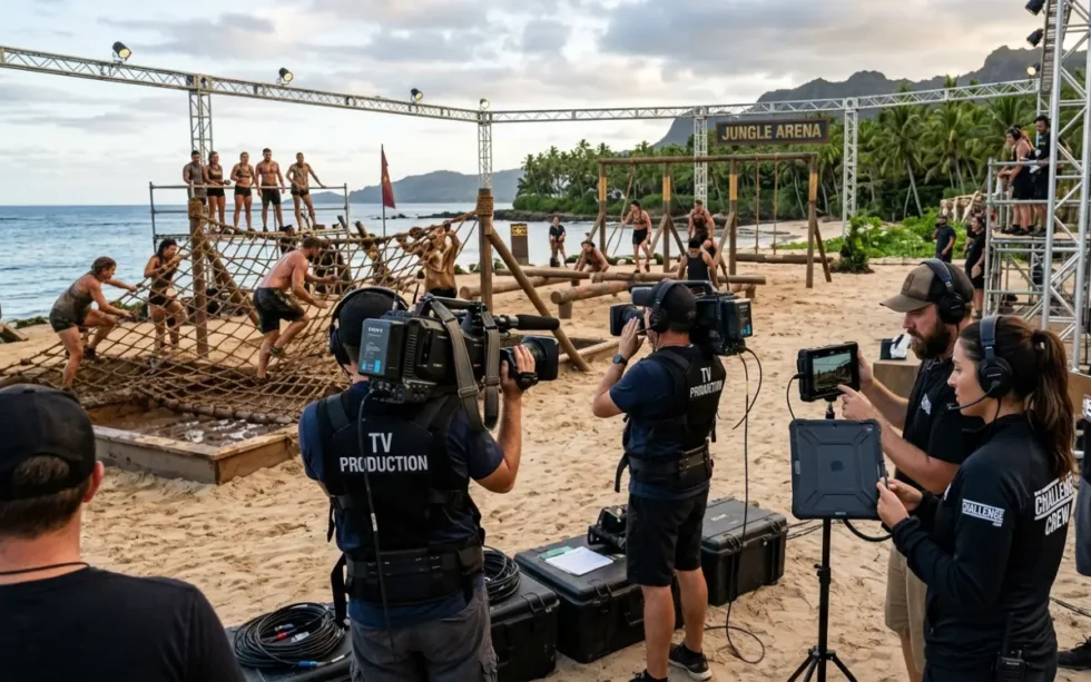TV format production software managing a competition show filmed on a beach with crew, cameras and contestants during mid-production.