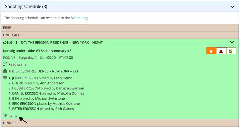 Scene items lists directly in digital call sheets